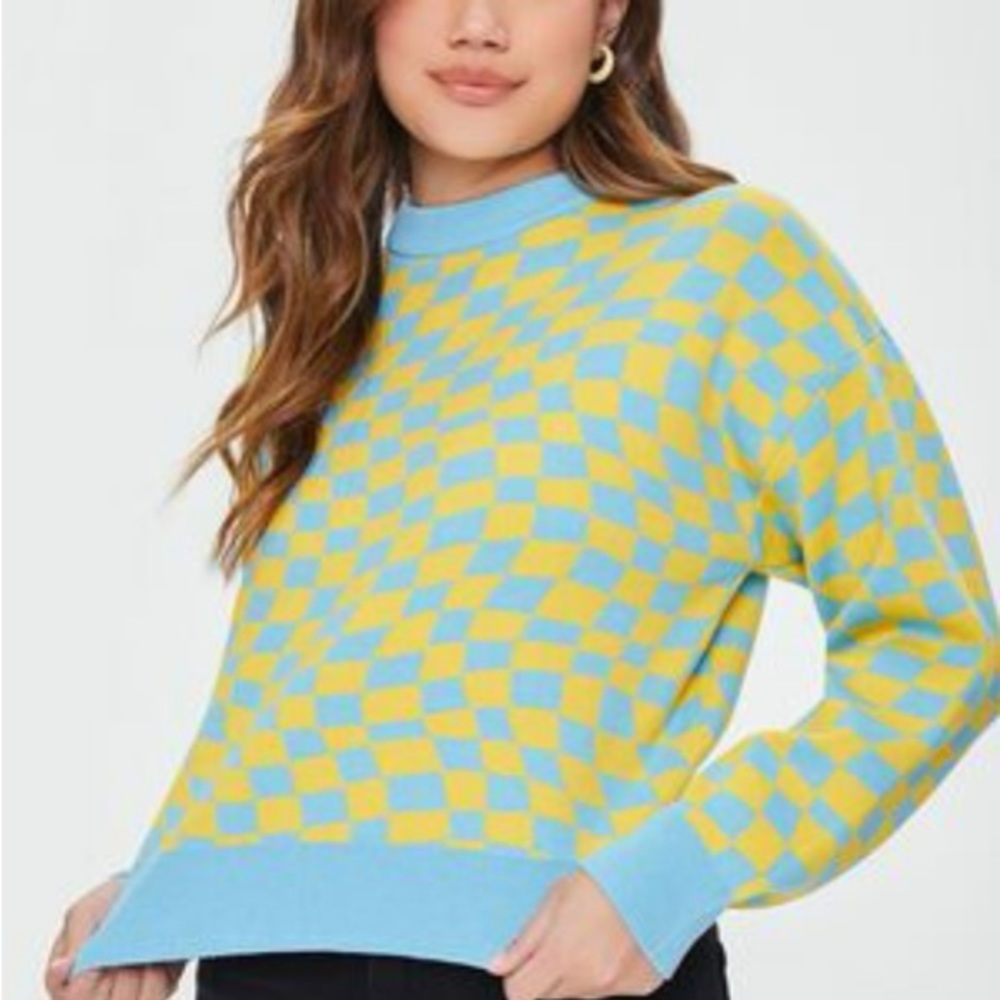 Forever 21 blue and yellow groovy checkerboard sweater